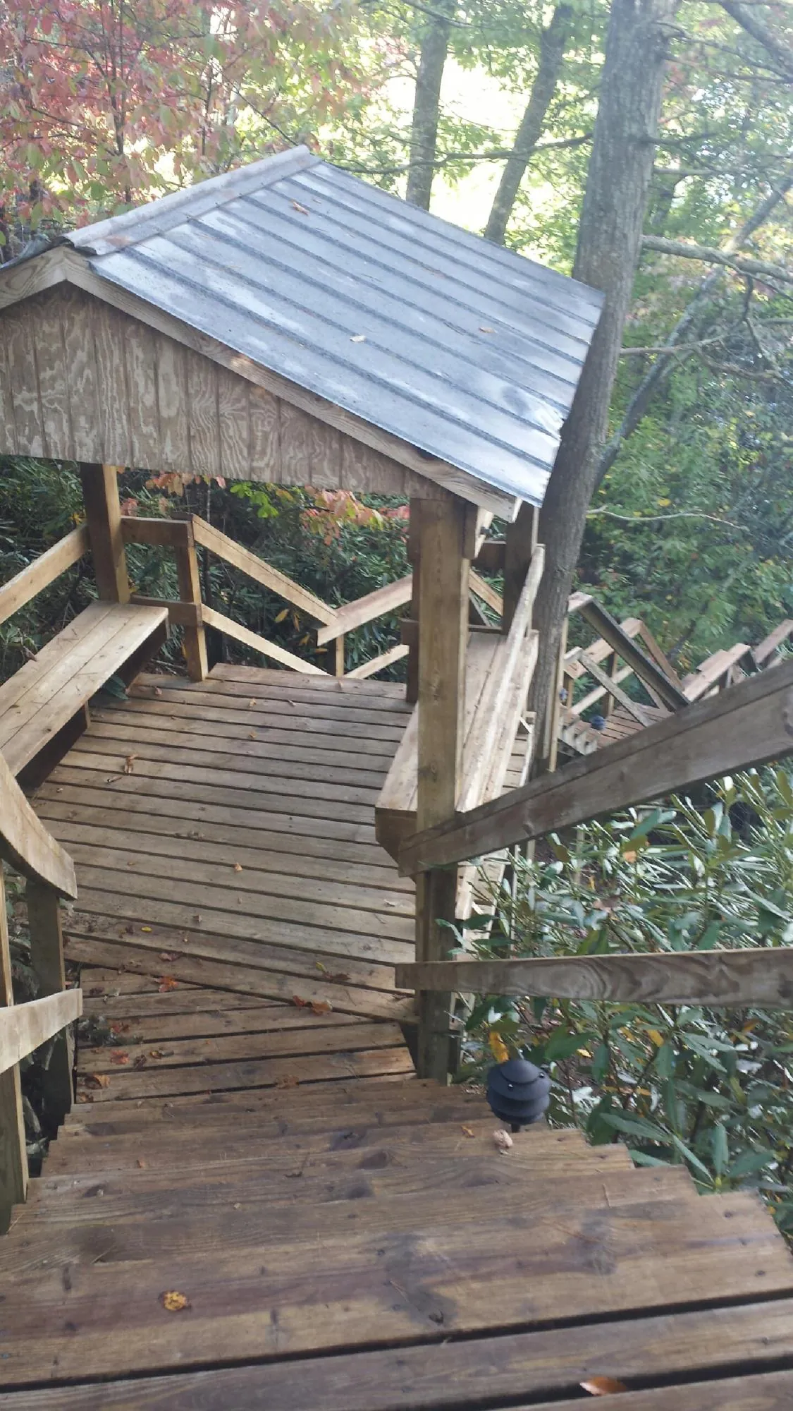 Metal roofed shelter over wooden steps on a wooded walkway — Skylight Repair & Installation work by our crew in Primm Springs
